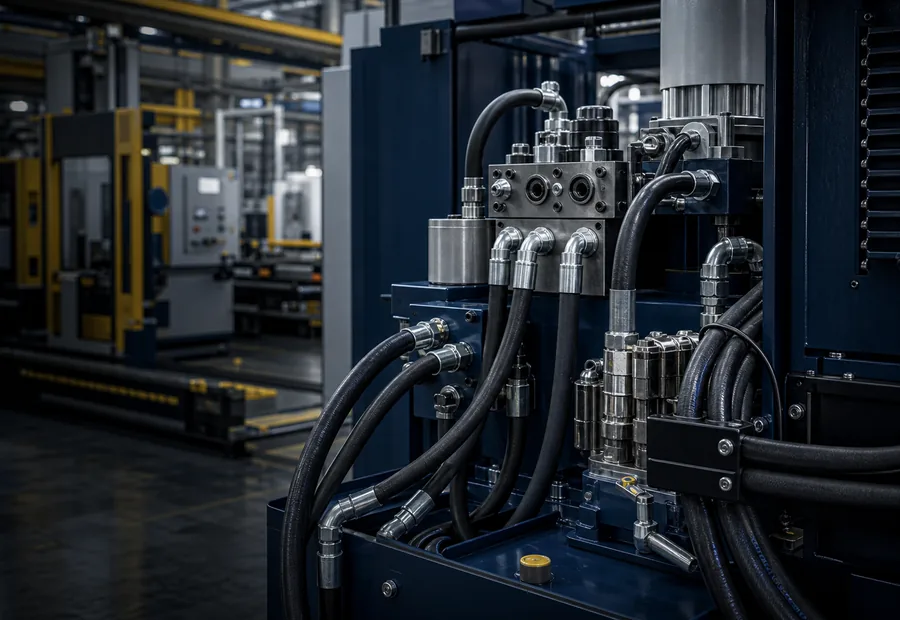 Hydraulic hoses and fittings installed on industrial manufacturing equipment